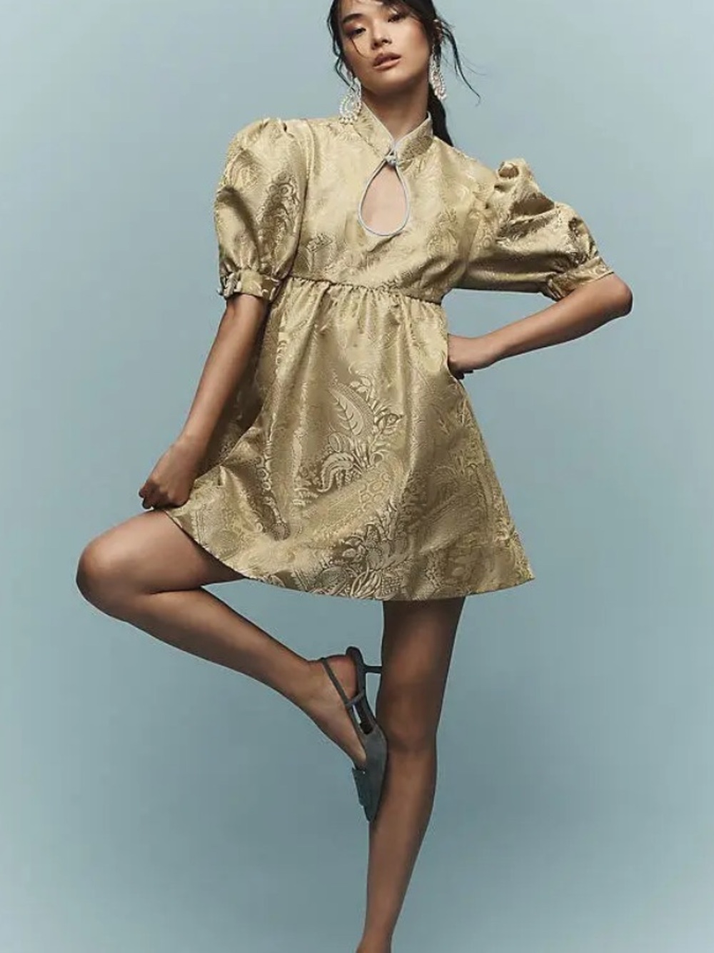 Maeve Gold Jacquard Puff-Sleeve Babydoll Dress